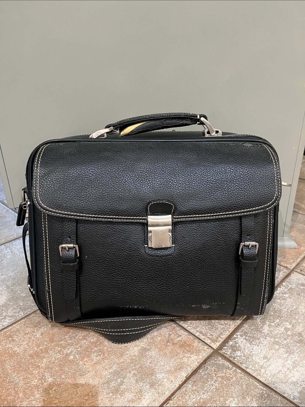 Black Men's Leather Briefcase with Silver Hardware